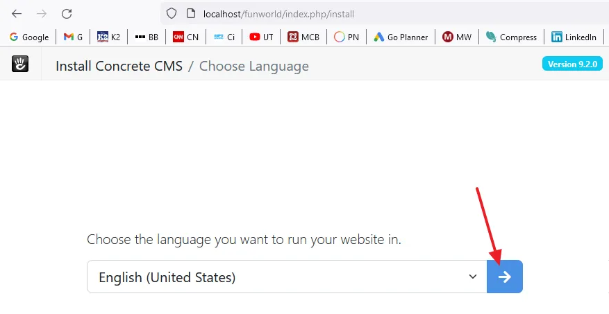 Browse your Concrete CMS folder that you had copied in the htdocs directory like this: http://localhost/folder_name. Choose your Language. Click on the Arrow