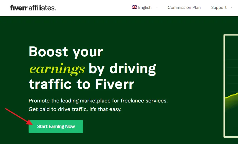 Go to Fiverr Affiliate Page. Click on the Start Earning Now.