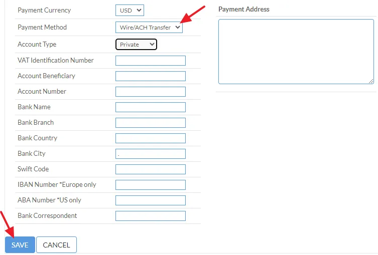 Configure ACH/Wire Transfer.