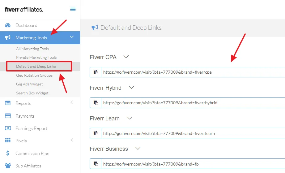 Click on the Marketing Tools. Click on the Default & Deep Links. By default Fiverr Affiliate Program provides you the deep links of four main brands i.e Fiverr CPA, Fiverr Hybrid, Fiverr Learn, and Fiverr Business.