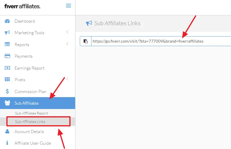 Click on the Sub Affiliates from the Sidebar. Click on the Sub Affiliate Links. Copy your link and invite people to join Fiverr affiliate program.