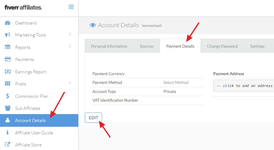 Go to Account Details from the sidebar. Click on the Payments Details tab. Click on the Edit button.