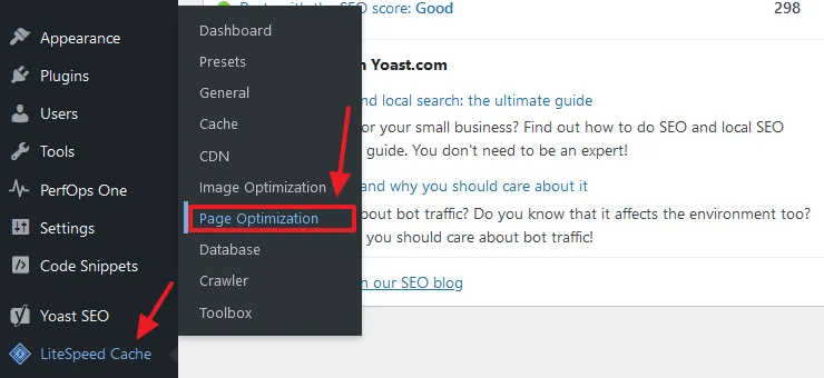 Go to LiteSpeed Cache and click on the Page Optimization