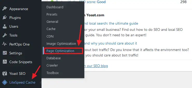 Go to LiteSpeed Cache from the sidebar. Click on the Page Optimization.