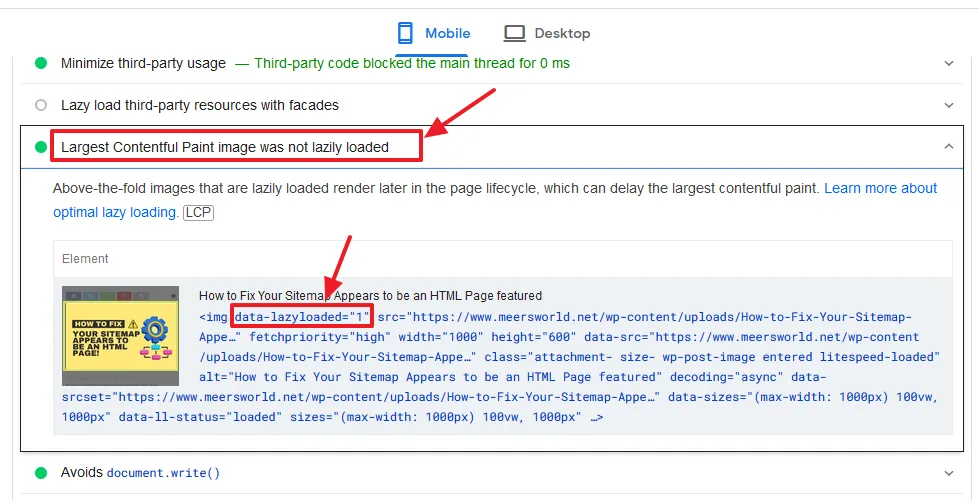 Google PageSpeed Insights is showing, Largest Contentful Paint image was not lazily loaded, though data-lazyloaded="1" is present
