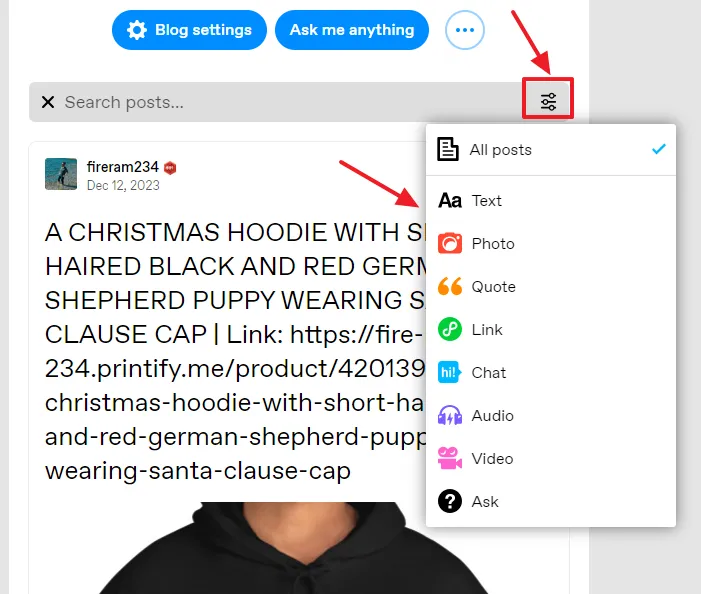 To filter the search results by a specific post type click on the Filter icon and select a Post Type, otherwise select All posts. 