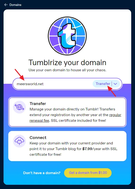 Enter your custom domain that you want to transfer to Tumblr and click on the Transfer.