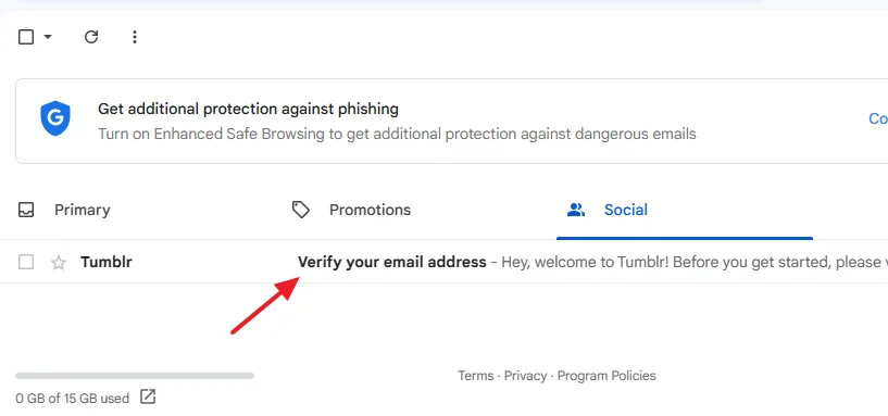 The verification email from Tumblr is received in the Social section. Open the email. 
