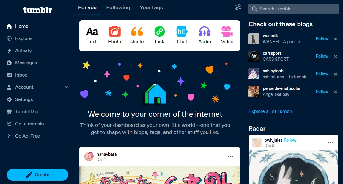 Tumblr Dashboard on Desktop