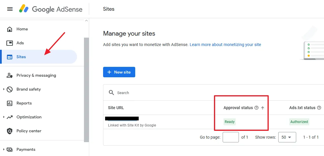 The Approval status is Ready. The site is ready to show Google AdSense ads.