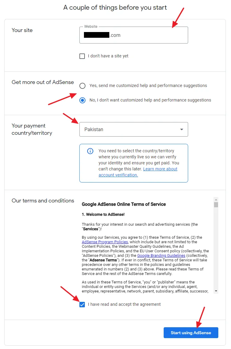 Enter your domain, payment country, accept terms and condition, and click on the start using adSense.