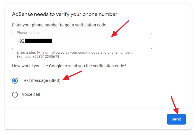 Enter your Phone Number with country code and click on the Send button.