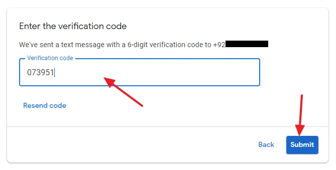 Enter the Verification code that you will receive on your phone. Click on the Submit button.