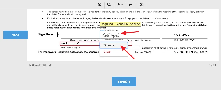 If you want to change, click on the Signature and then click on the Change.
