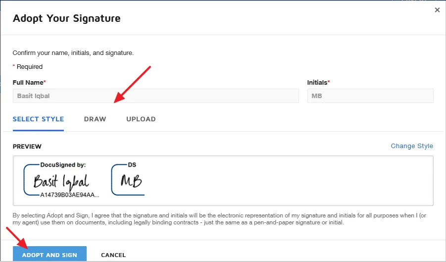 You can change the Style of the your signature, your can Draw your signature, and and you can Upload your signature. Click on the Adopt and Sign button.