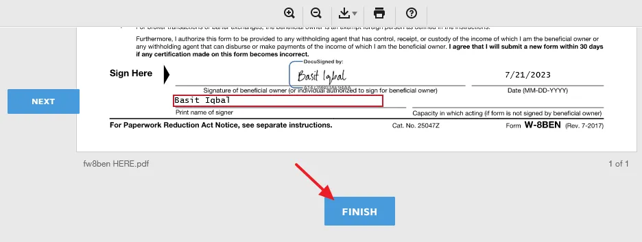Click on the Finish button to submit the W8-BEN form.