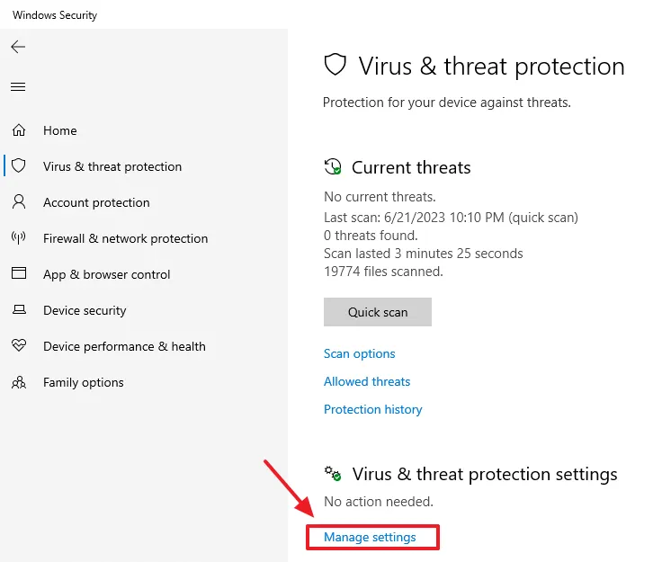 Scroll-down to Virus & threat protection settings section. Click on the Manage settings.