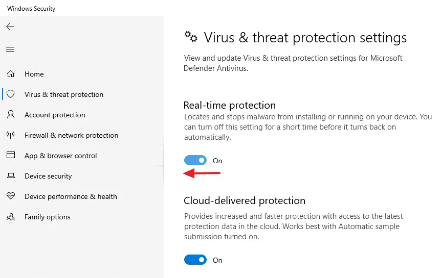 Drag the Slider of Real-time protection towards your left turn it off.