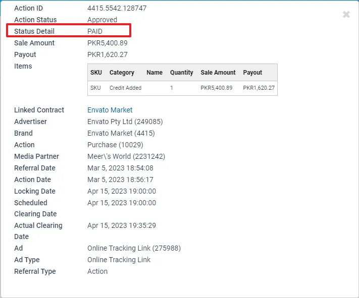 Showing Action Listing Details like Action Status, Status Detail, Sale Amount, Payout, Referral URL, Purchased Items, etc.