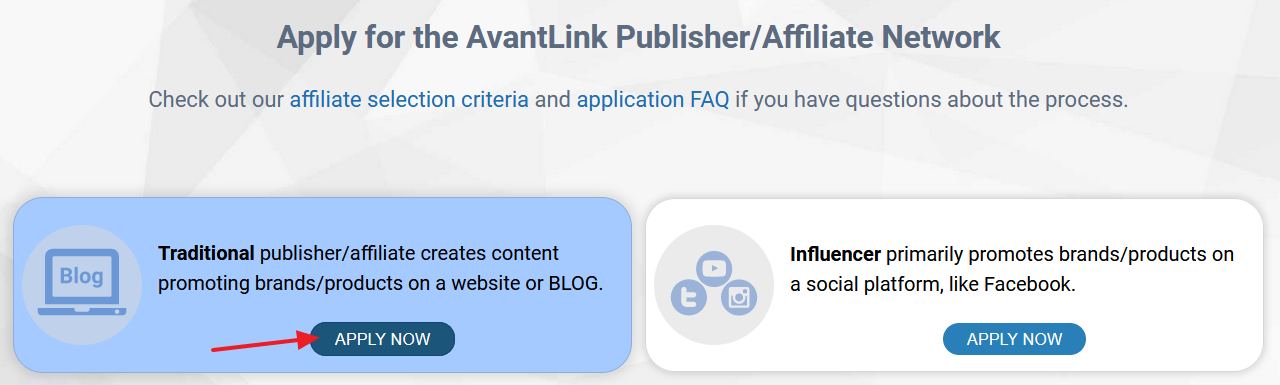 Osprey Packs affiliate program offers two types of accounts (1) Traditional Account (2) Influencer Account. I have selected Traditional by clicking on its APPLY NOW button.