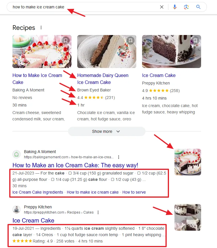 Example of Rich Snippets for a query "How to make ice cream cake" in the Google Search Results.