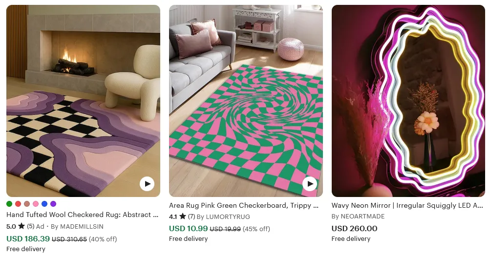 Think squiggly mirrors, checkerboard rugs, and neon accents.