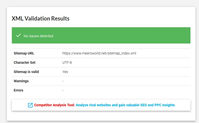 The sitemap is valid and there are no issues, warnings, and errors.