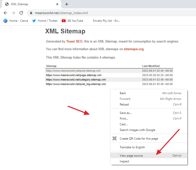 Open your sitemap on browser. Right-click on a white space and click on the View page source.